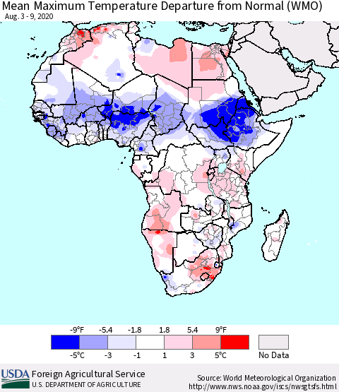 Africa Mean Maximum Temperature Departure from Normal (WMO) Thematic Map For 8/3/2020 - 8/9/2020
