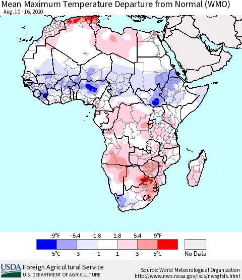 Africa Mean Maximum Temperature Departure from Normal (WMO) Thematic Map For 8/10/2020 - 8/16/2020