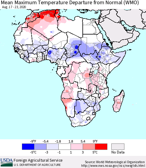 Africa Mean Maximum Temperature Departure from Normal (WMO) Thematic Map For 8/17/2020 - 8/23/2020