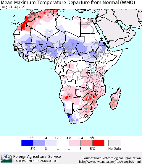 Africa Mean Maximum Temperature Departure from Normal (WMO) Thematic Map For 8/24/2020 - 8/30/2020