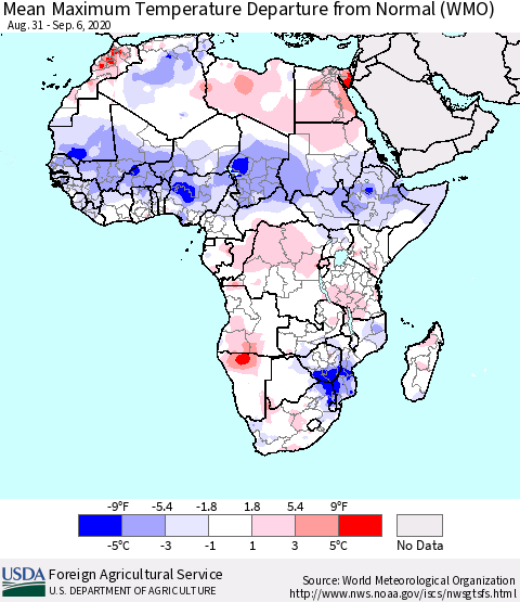 Africa Mean Maximum Temperature Departure from Normal (WMO) Thematic Map For 8/31/2020 - 9/6/2020