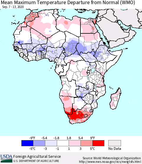 Africa Mean Maximum Temperature Departure from Normal (WMO) Thematic Map For 9/7/2020 - 9/13/2020
