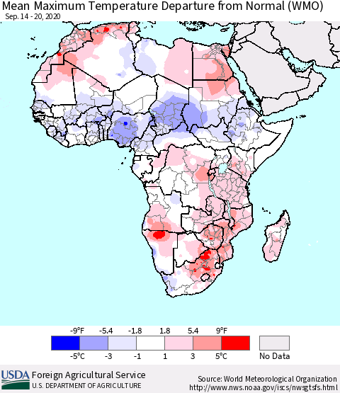Africa Mean Maximum Temperature Departure from Normal (WMO) Thematic Map For 9/14/2020 - 9/20/2020