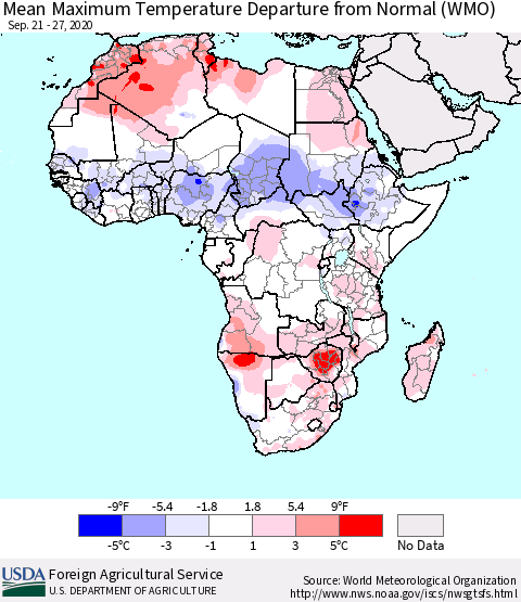 Africa Mean Maximum Temperature Departure from Normal (WMO) Thematic Map For 9/21/2020 - 9/27/2020