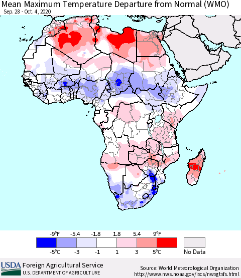 Africa Mean Maximum Temperature Departure from Normal (WMO) Thematic Map For 9/28/2020 - 10/4/2020