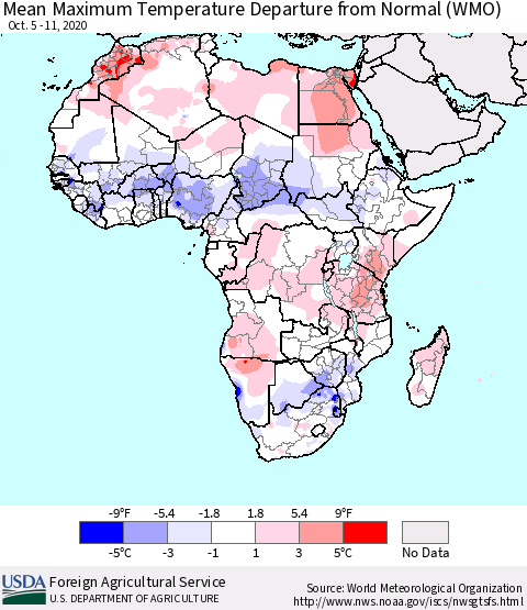 Africa Mean Maximum Temperature Departure from Normal (WMO) Thematic Map For 10/5/2020 - 10/11/2020