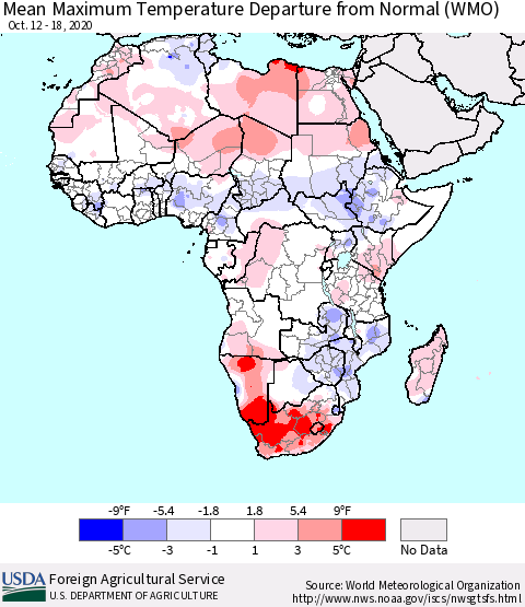 Africa Mean Maximum Temperature Departure from Normal (WMO) Thematic Map For 10/12/2020 - 10/18/2020