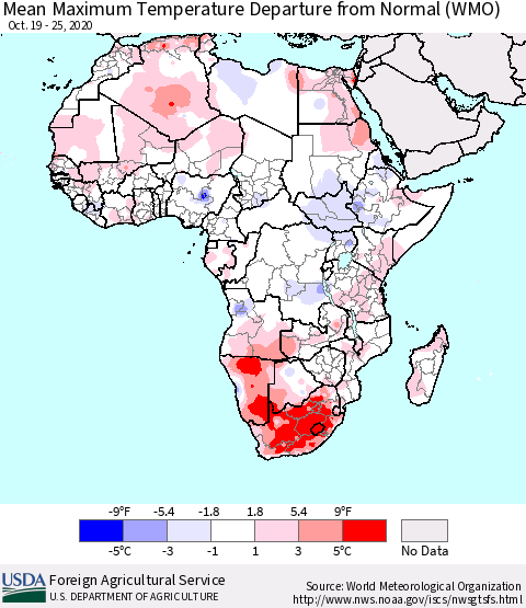 Africa Mean Maximum Temperature Departure from Normal (WMO) Thematic Map For 10/19/2020 - 10/25/2020