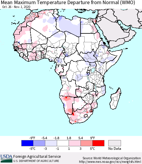 Africa Mean Maximum Temperature Departure from Normal (WMO) Thematic Map For 10/26/2020 - 11/1/2020