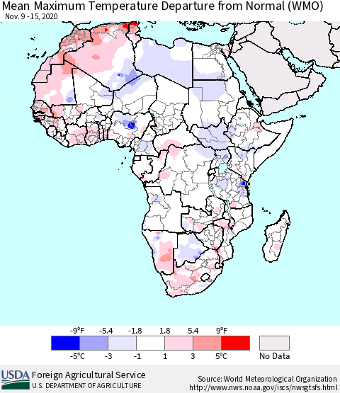 Africa Mean Maximum Temperature Departure from Normal (WMO) Thematic Map For 11/9/2020 - 11/15/2020