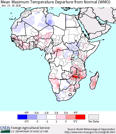 Africa Mean Maximum Temperature Departure from Normal (WMO) Thematic Map For 11/23/2020 - 11/29/2020
