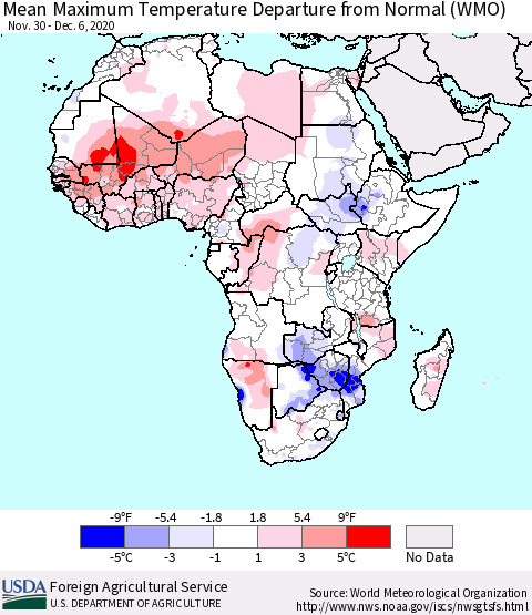 Africa Mean Maximum Temperature Departure from Normal (WMO) Thematic Map For 11/30/2020 - 12/6/2020