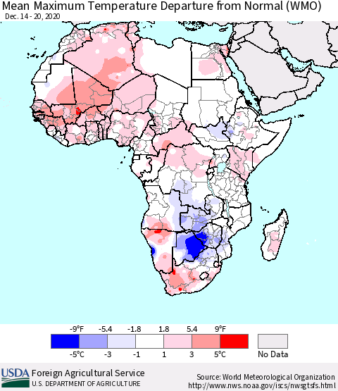 Africa Mean Maximum Temperature Departure from Normal (WMO) Thematic Map For 12/14/2020 - 12/20/2020
