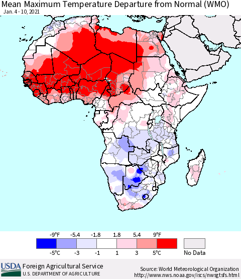 Africa Mean Maximum Temperature Departure from Normal (WMO) Thematic Map For 1/4/2021 - 1/10/2021