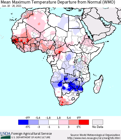 Africa Mean Maximum Temperature Departure from Normal (WMO) Thematic Map For 1/18/2021 - 1/24/2021