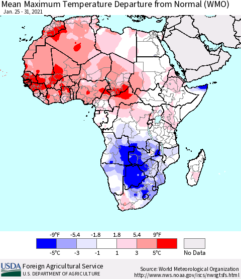 Africa Maximum Temperature Departure From Normal (WMO) Thematic Map For 1/25/2021 - 1/31/2021