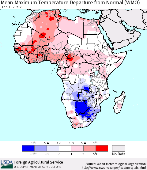 Africa Mean Maximum Temperature Departure from Normal (WMO) Thematic Map For 2/1/2021 - 2/7/2021