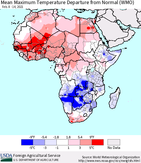 Africa Mean Maximum Temperature Departure from Normal (WMO) Thematic Map For 2/8/2021 - 2/14/2021