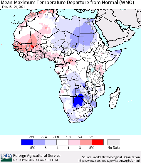 Africa Mean Maximum Temperature Departure from Normal (WMO) Thematic Map For 2/15/2021 - 2/21/2021