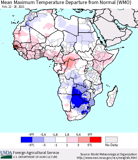 Africa Maximum Temperature Departure From Normal (WMO) Thematic Map For 2/22/2021 - 2/28/2021