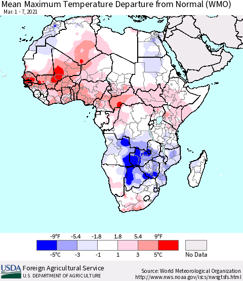 Africa Mean Maximum Temperature Departure from Normal (WMO) Thematic Map For 3/1/2021 - 3/7/2021