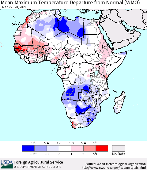 Africa Maximum Temperature Departure From Normal (WMO) Thematic Map For 3/22/2021 - 3/28/2021
