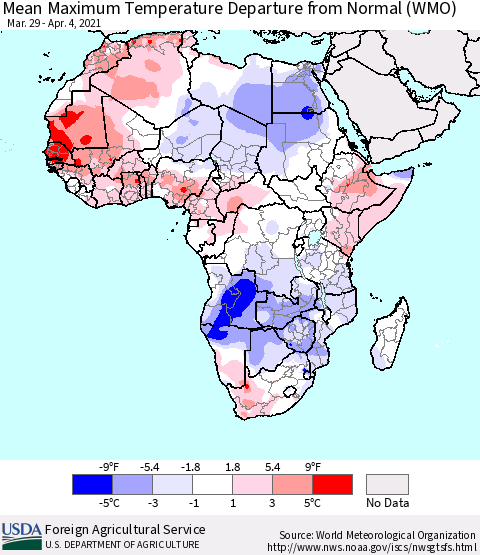 Africa Maximum Temperature Departure From Normal (WMO) Thematic Map For 3/29/2021 - 4/4/2021
