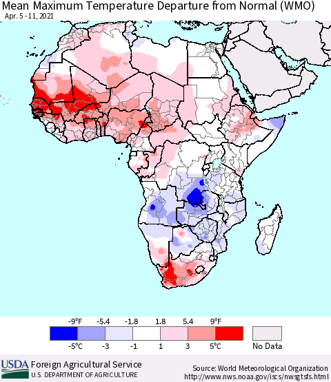 Africa Mean Maximum Temperature Departure from Normal (WMO) Thematic Map For 4/5/2021 - 4/11/2021