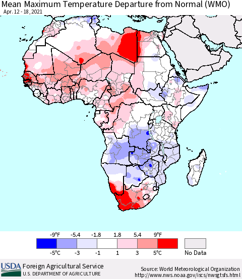 Africa Mean Maximum Temperature Departure from Normal (WMO) Thematic Map For 4/12/2021 - 4/18/2021