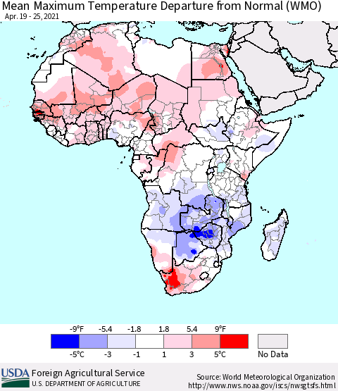 Africa Mean Maximum Temperature Departure from Normal (WMO) Thematic Map For 4/19/2021 - 4/25/2021
