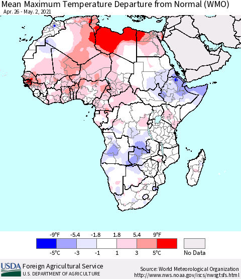 Africa Mean Maximum Temperature Departure from Normal (WMO) Thematic Map For 4/26/2021 - 5/2/2021