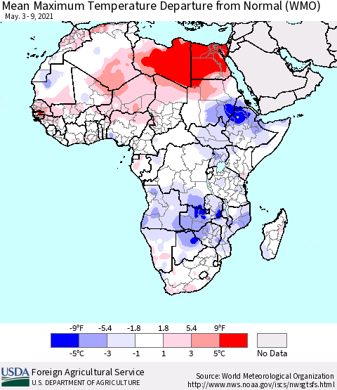 Africa Mean Maximum Temperature Departure from Normal (WMO) Thematic Map For 5/3/2021 - 5/9/2021