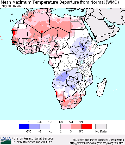 Africa Mean Maximum Temperature Departure from Normal (WMO) Thematic Map For 5/10/2021 - 5/16/2021