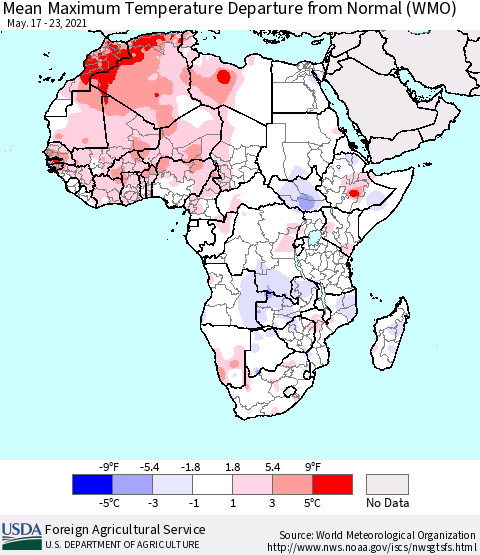 Africa Mean Maximum Temperature Departure from Normal (WMO) Thematic Map For 5/17/2021 - 5/23/2021