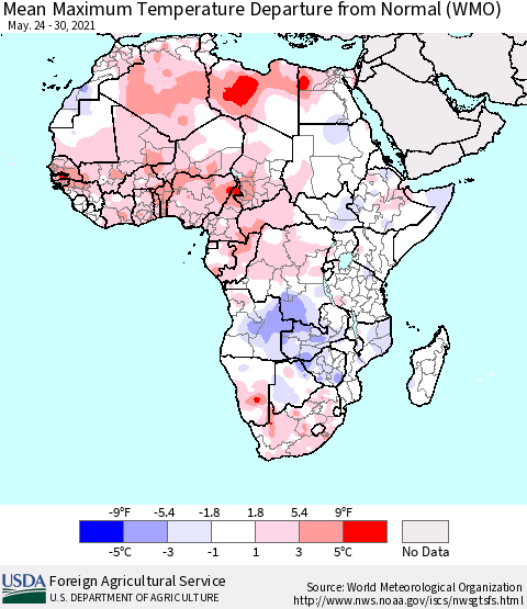 Africa Mean Maximum Temperature Departure from Normal (WMO) Thematic Map For 5/24/2021 - 5/30/2021