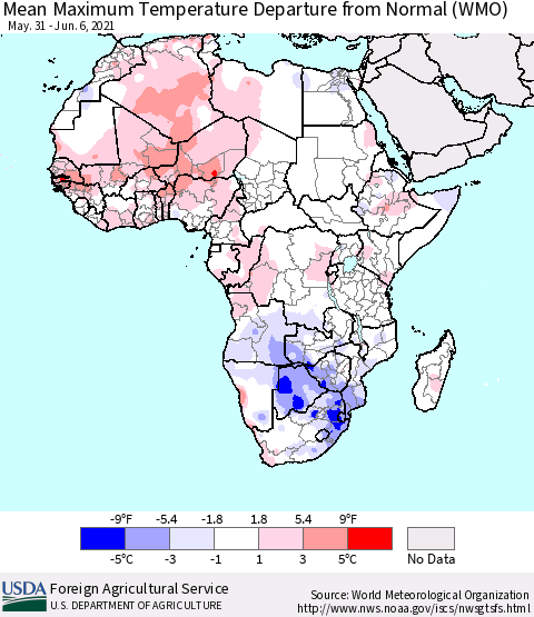 Africa Mean Maximum Temperature Departure from Normal (WMO) Thematic Map For 5/31/2021 - 6/6/2021