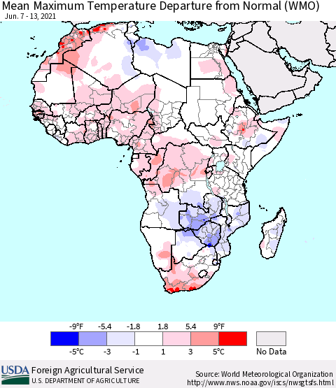 Africa Mean Maximum Temperature Departure from Normal (WMO) Thematic Map For 6/7/2021 - 6/13/2021