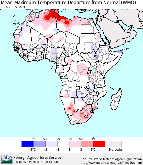 Africa Mean Maximum Temperature Departure from Normal (WMO) Thematic Map For 6/21/2021 - 6/27/2021