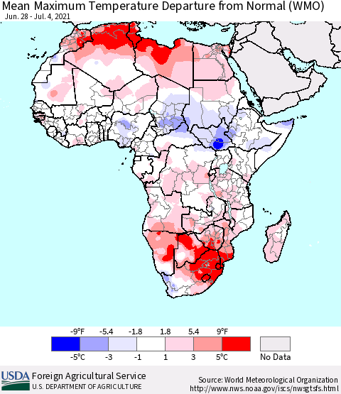 Africa Mean Maximum Temperature Departure from Normal (WMO) Thematic Map For 6/28/2021 - 7/4/2021