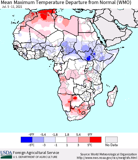 Africa Mean Maximum Temperature Departure from Normal (WMO) Thematic Map For 7/5/2021 - 7/11/2021