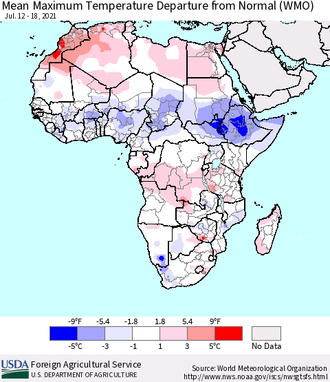 Africa Mean Maximum Temperature Departure from Normal (WMO) Thematic Map For 7/12/2021 - 7/18/2021