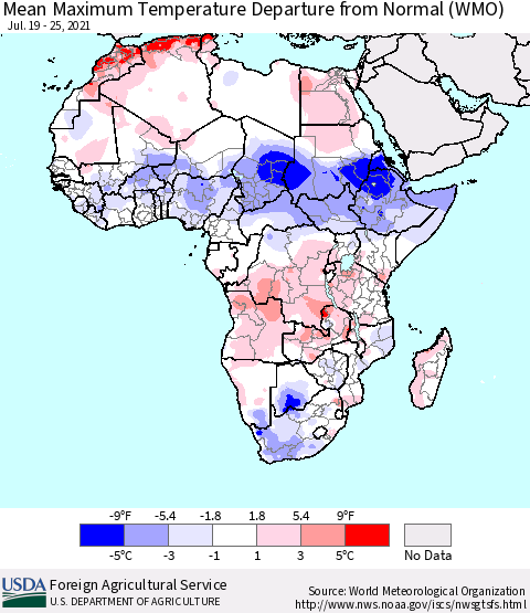 Africa Mean Maximum Temperature Departure from Normal (WMO) Thematic Map For 7/19/2021 - 7/25/2021