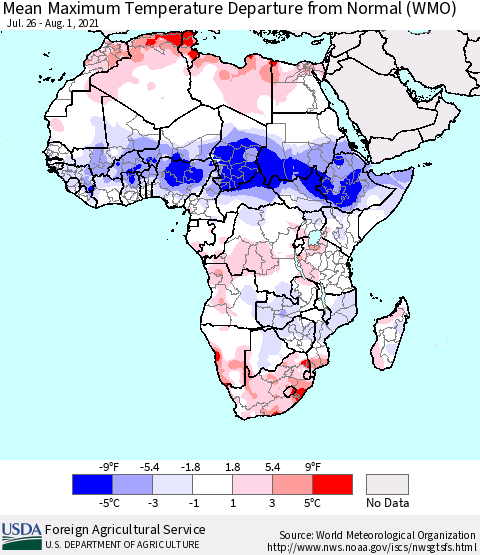Africa Mean Maximum Temperature Departure from Normal (WMO) Thematic Map For 7/26/2021 - 8/1/2021
