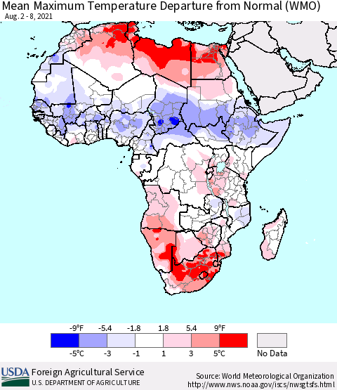 Africa Mean Maximum Temperature Departure from Normal (WMO) Thematic Map For 8/2/2021 - 8/8/2021