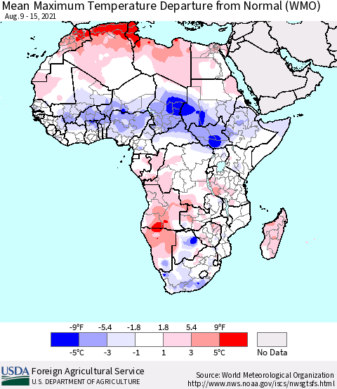 Africa Mean Maximum Temperature Departure from Normal (WMO) Thematic Map For 8/9/2021 - 8/15/2021