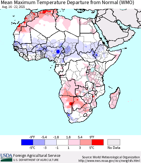 Africa Mean Maximum Temperature Departure from Normal (WMO) Thematic Map For 8/16/2021 - 8/22/2021