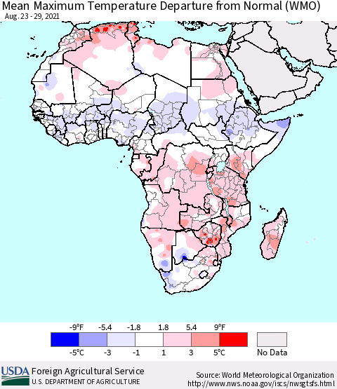 Africa Mean Maximum Temperature Departure from Normal (WMO) Thematic Map For 8/23/2021 - 8/29/2021