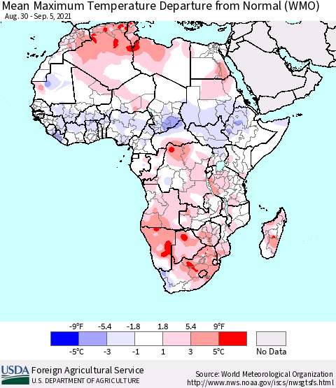 Africa Mean Maximum Temperature Departure from Normal (WMO) Thematic Map For 8/30/2021 - 9/5/2021