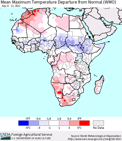 Africa Mean Maximum Temperature Departure from Normal (WMO) Thematic Map For 9/6/2021 - 9/12/2021