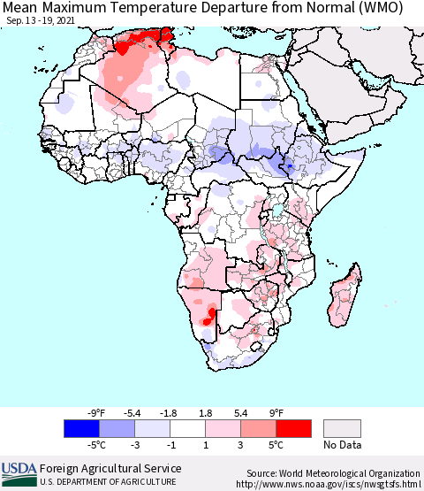 Africa Mean Maximum Temperature Departure from Normal (WMO) Thematic Map For 9/13/2021 - 9/19/2021